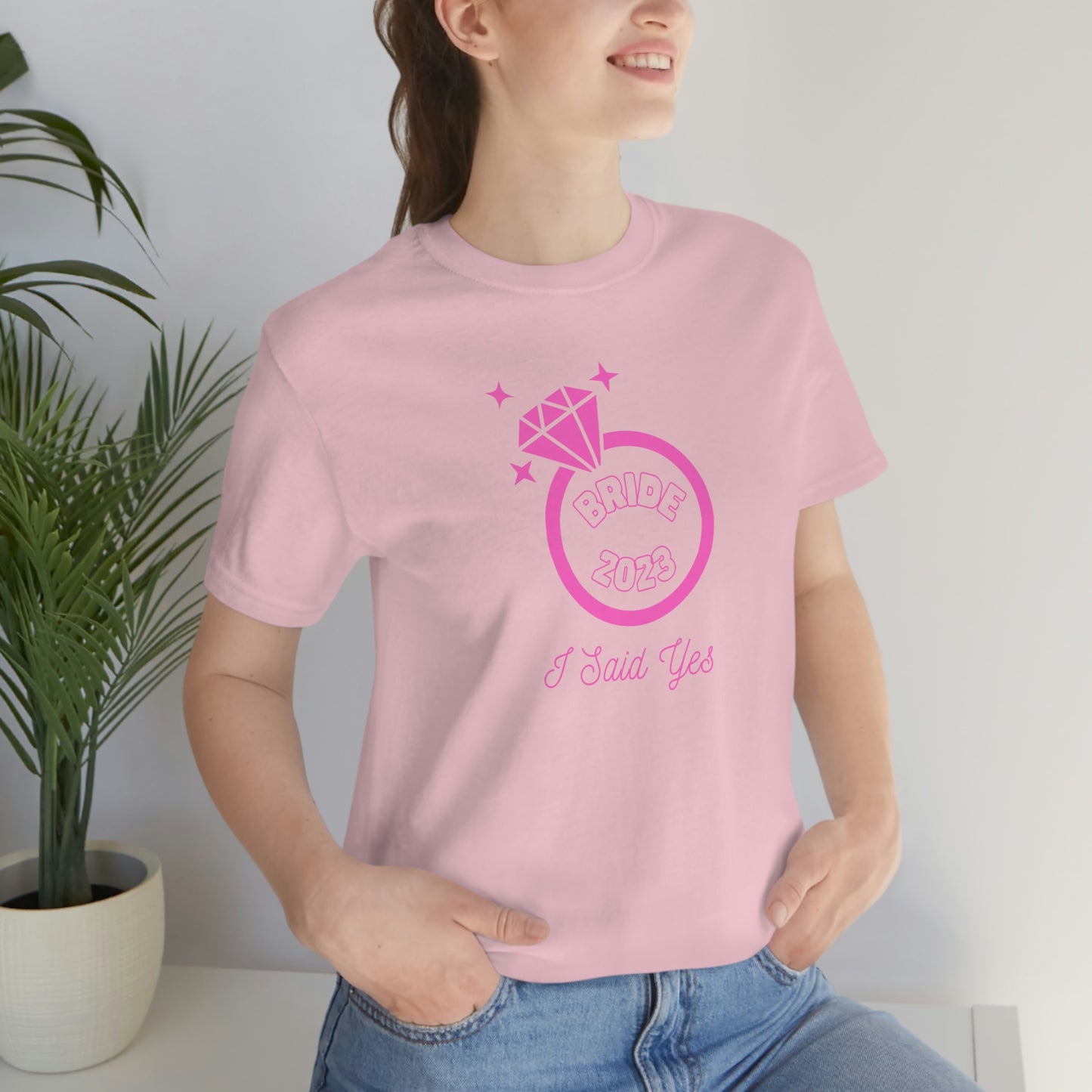 I Said Yes Bride 2023 Engagement Pink Diamond Ring Unisex Jersey Short Sleeve Tee Small-3XL