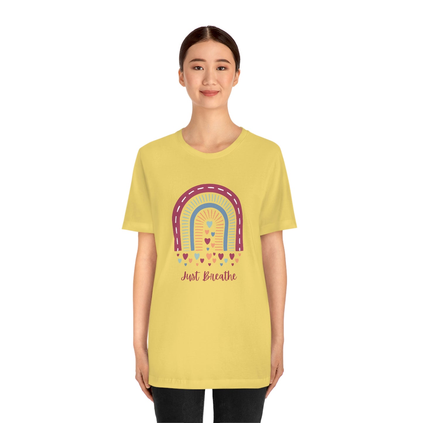 Just Breathe Rainbow Hearts Unisex Jersey Tee S-3XL