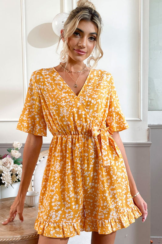 Nikki Printed Surplice Neck Ruffled Romper XS-2XL