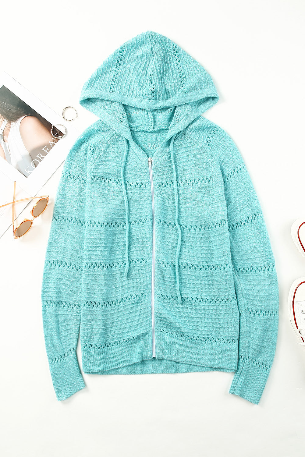 Zip-Up Raglan Sleeve Openwork Hooded Cardigan S-2XL