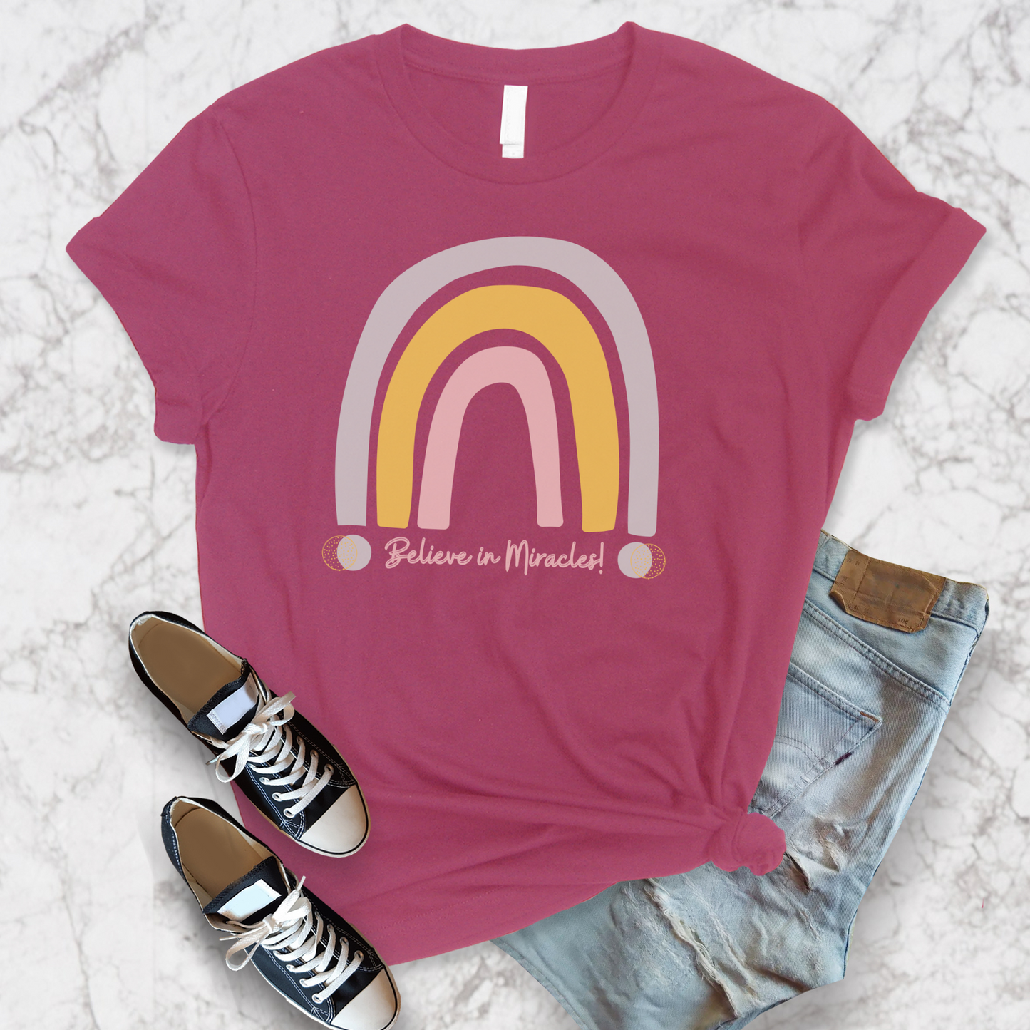 Believe in Miracles Trendy Boho Rainbow Unisex Jersey Short Sleeve Tee Small-3XL