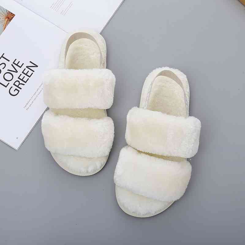 Faux Fur Double Strap Open Toe Slippers Size 5-12