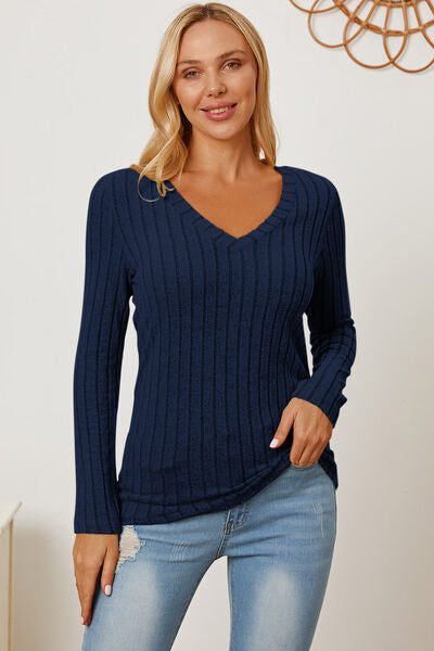 Basic Bae Stretchy Ribbed V-Neck Long Sleeve Casual Top S-3XL