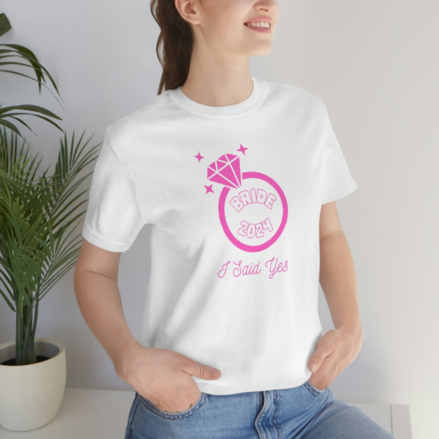 I Said Yes Bride 2024 Engagement Pink Diamond Ring Unisex Jersey Short Sleeve Tee Small-3XL