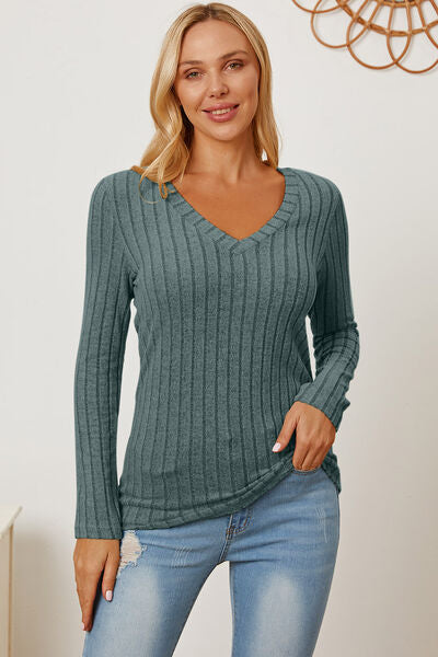 Basic Bae Stretchy Ribbed V-Neck Long Sleeve Casual Top S-3XL