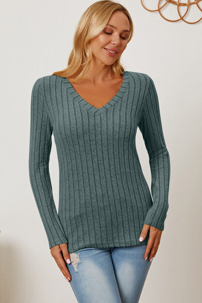 Basic Bae Stretchy Ribbed V-Neck Long Sleeve Casual Top S-3XL