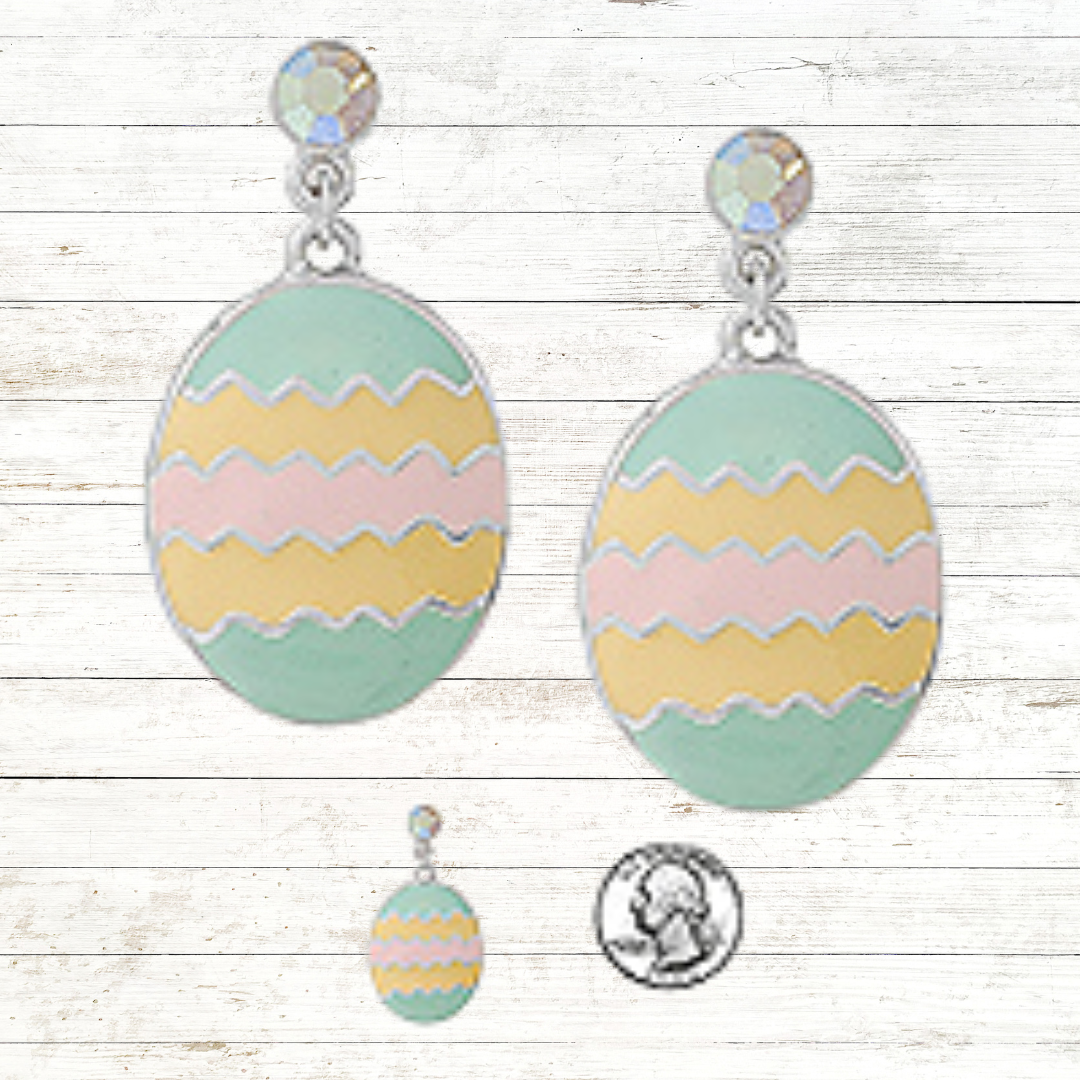 Easter Egg Pastel Stripe Chevron Decorated Egg Drop Earrings with Crystals