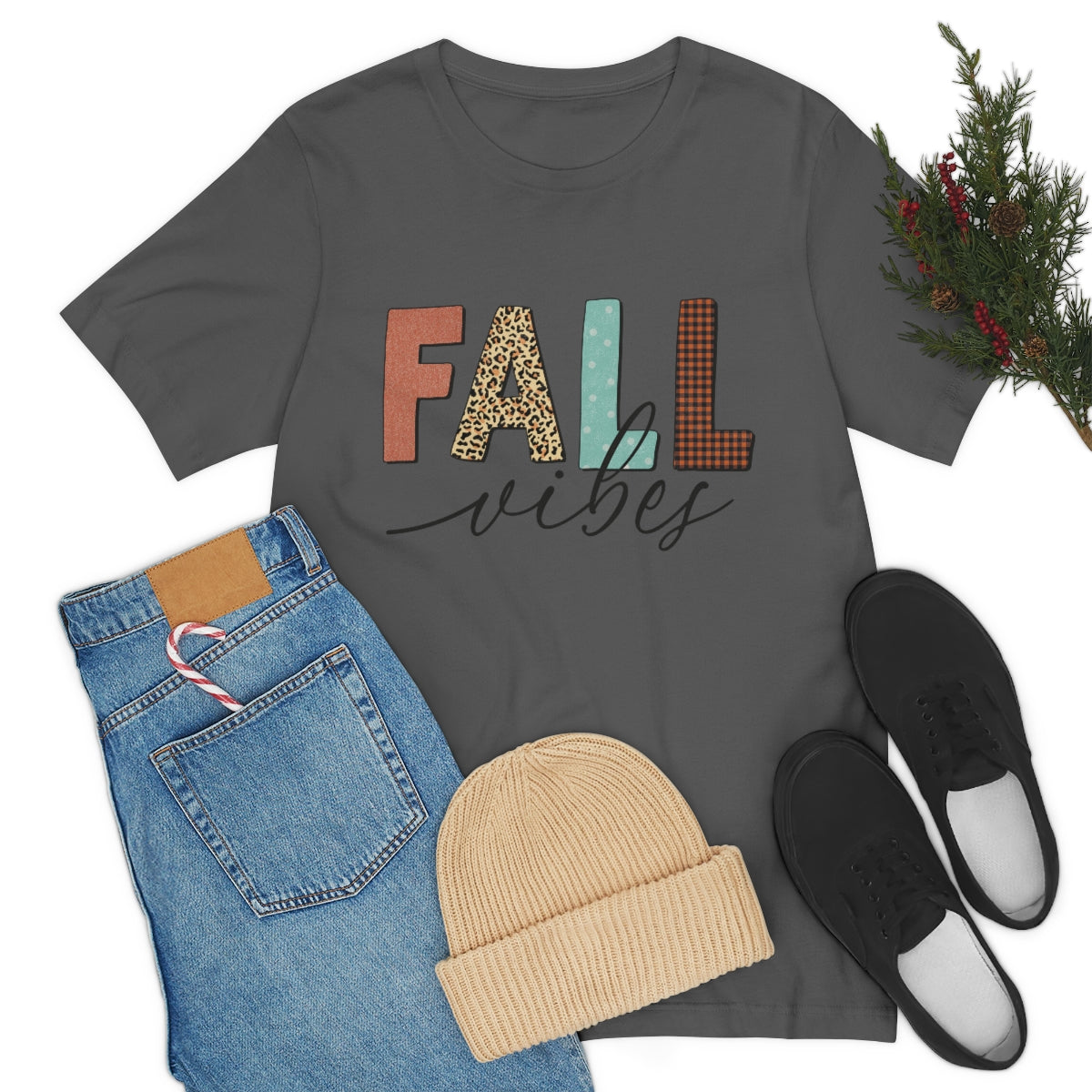 Fall Vibes with Leopard, Polka Dot and Plaid Print Unisex Jersey Short Sleeve Tee S-3XL