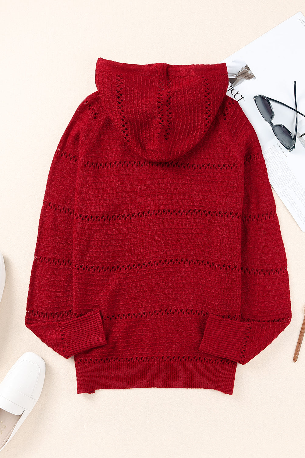 Zip-Up Raglan Sleeve Openwork Hooded Cardigan S-2XL