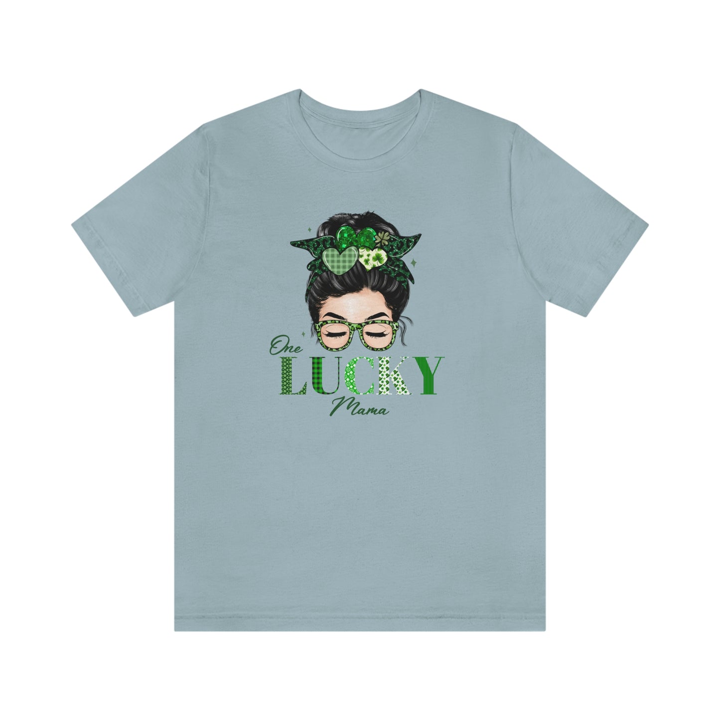 One Lucky Mama St. Patrick's Day Messy Bun Sunglasses Unisex Jersey Short Sleeve Tee S-3XL
