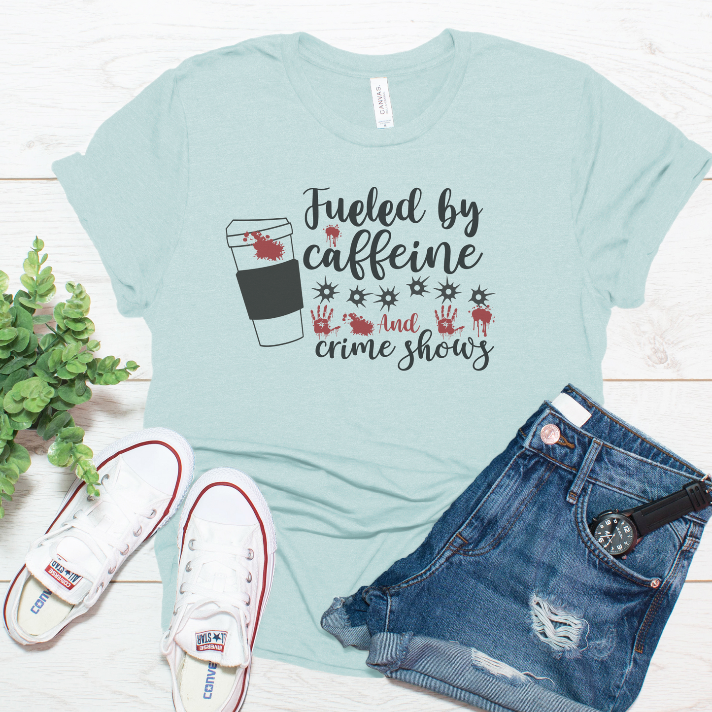 Fueled by Caffeine and Crime Shows Unisex Jersey Short Sleeve Tee S-3XL