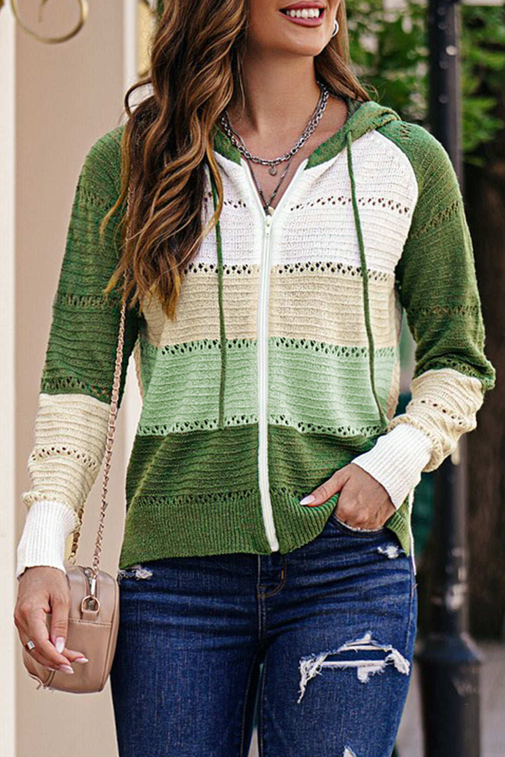 Zip-Up Raglan Sleeve Openwork Hooded Cardigan S-2XL