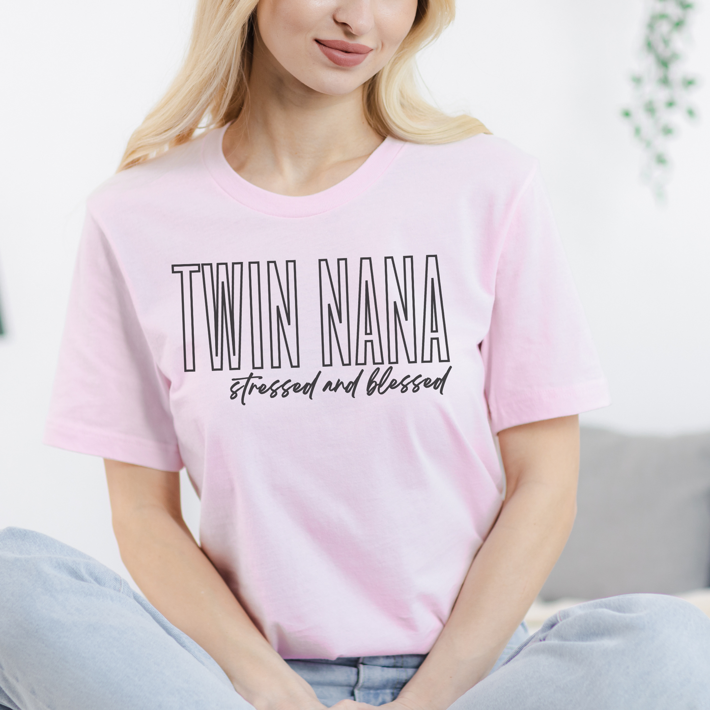 Twin Nana Stressed and Blessed Black Block Hollow Letters Paint Style Script Unisex Jersey Short Sleeve Tee Small-3XL Multiples
