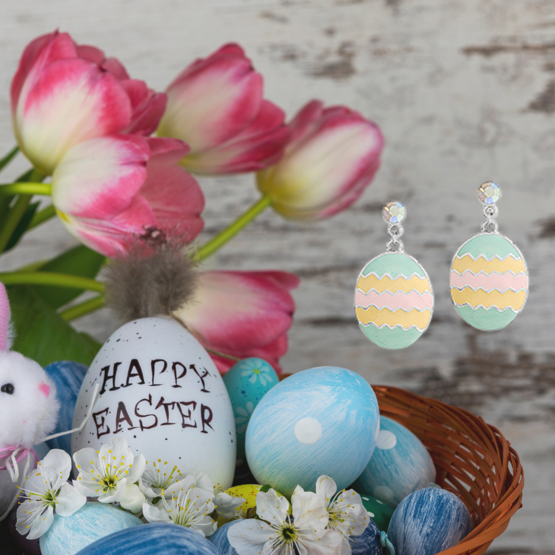 Easter Egg Pastel Stripe Chevron Decorated Egg Drop Earrings with Crystals