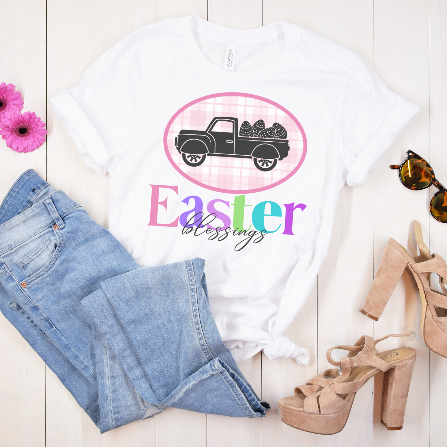 Easter Blessings Pickup Truck with Decorated Eggs Gingham Unisex Jersey Short Sleeve Tee Small-3XL