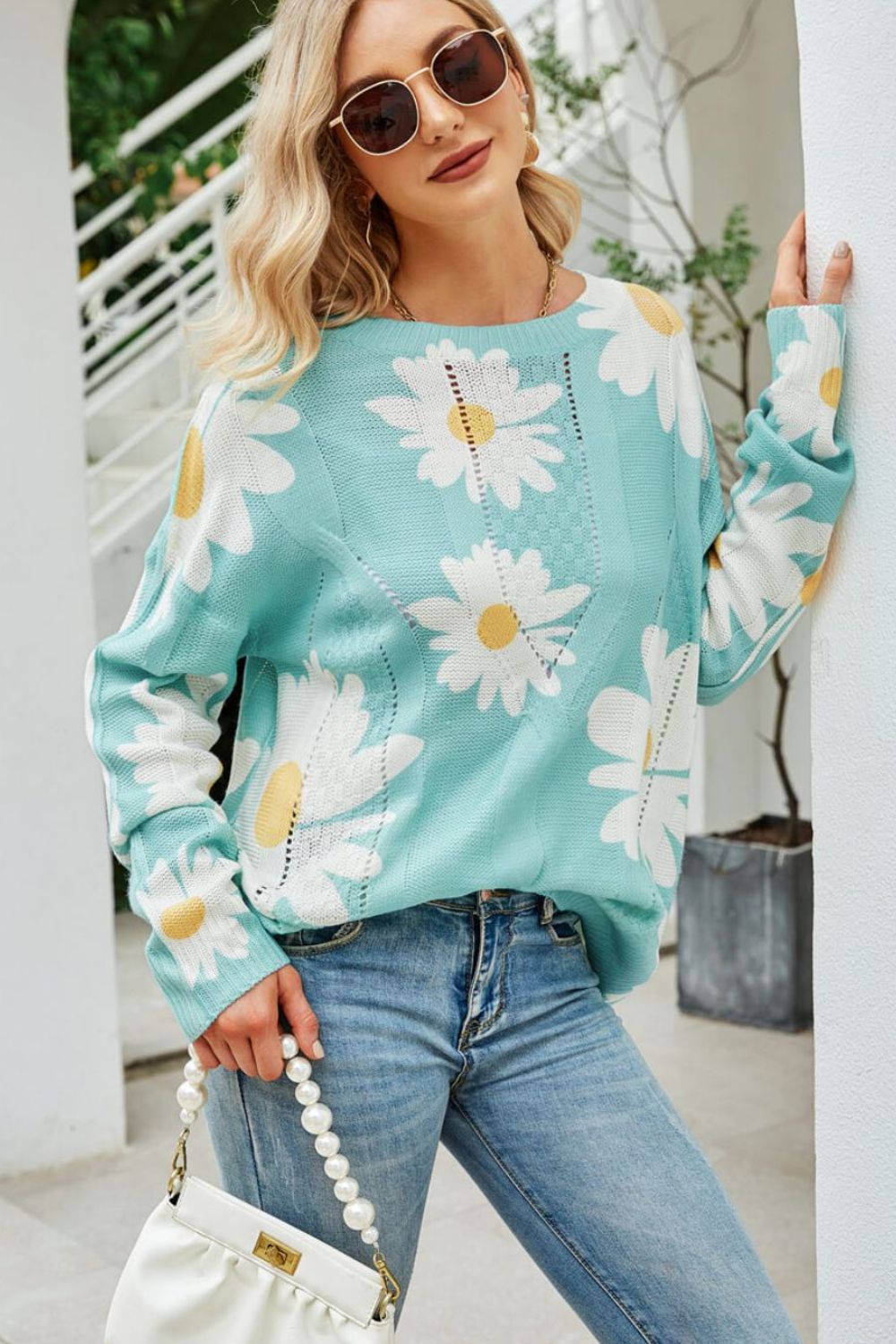 Spring Daisy Print Openwork Round Neck Sweater S-XL