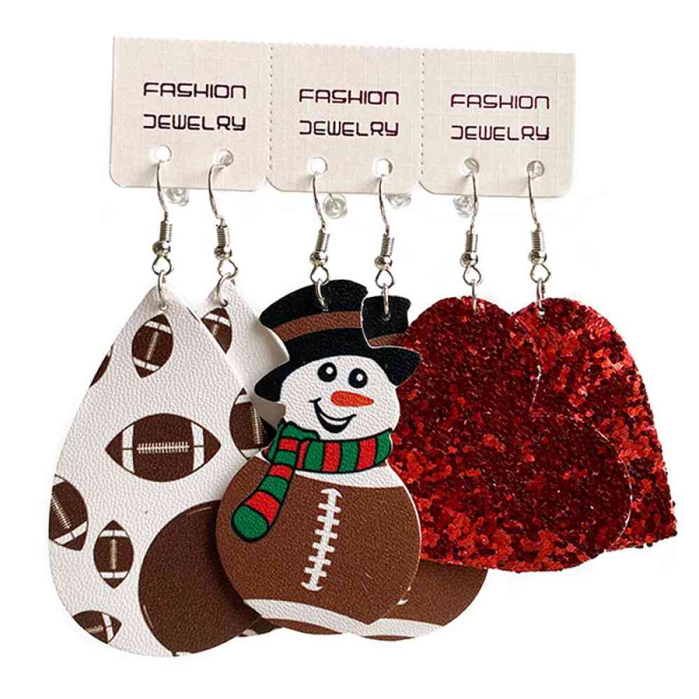 Winter and Sports Themed Snowman, Ball, and Heart Faux Leather Earrings Sets of 3 Pairs