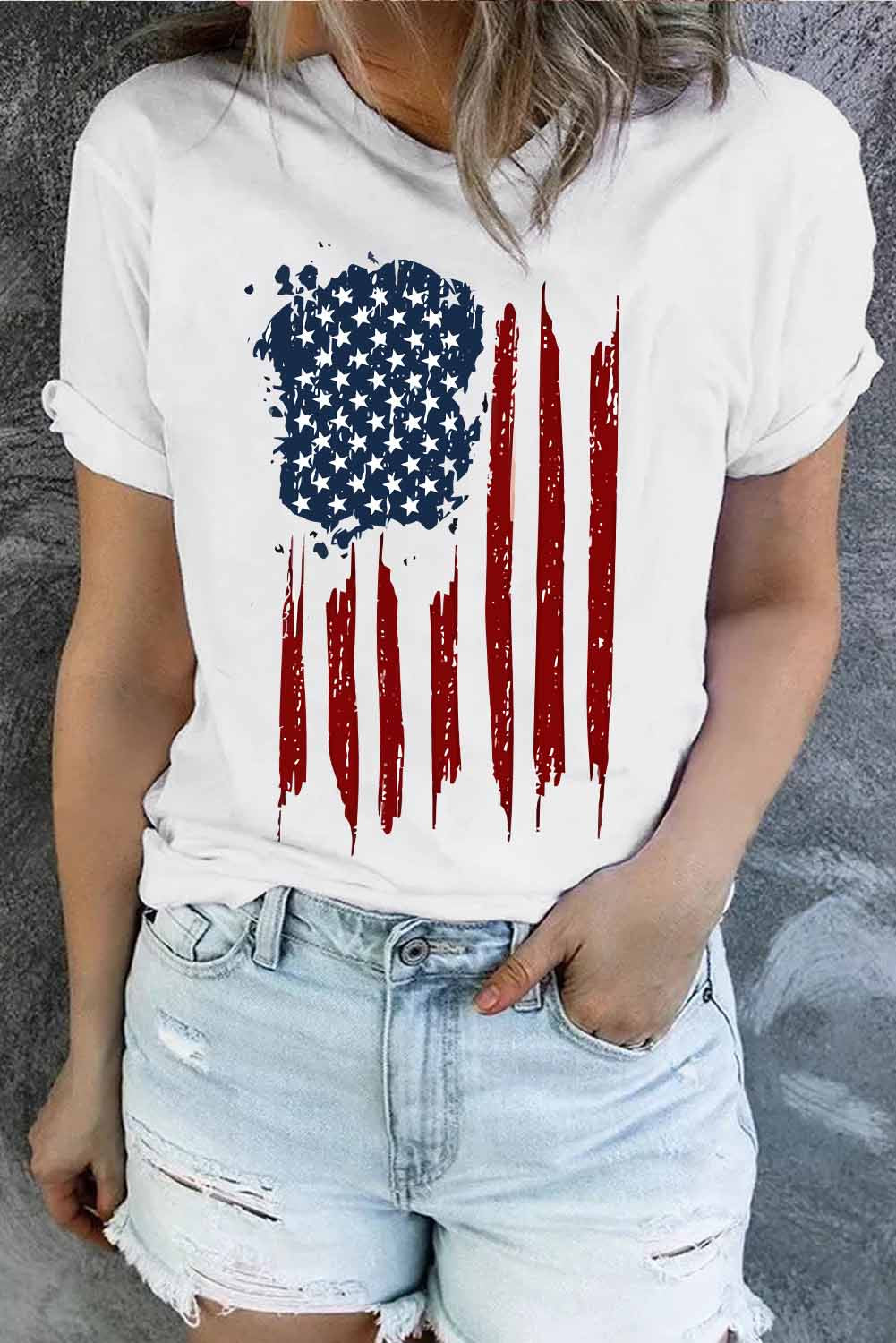Distressed US Flag Graphic Round Neck Short Sleeve Tee S-2XL