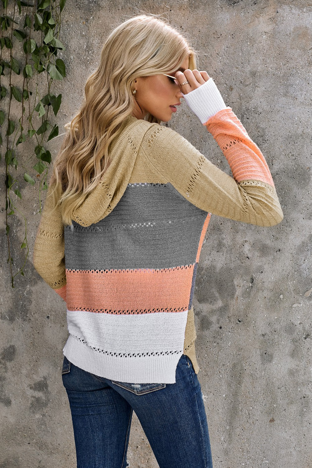 Zip-Up Raglan Sleeve Openwork Hooded Cardigan S-2XL