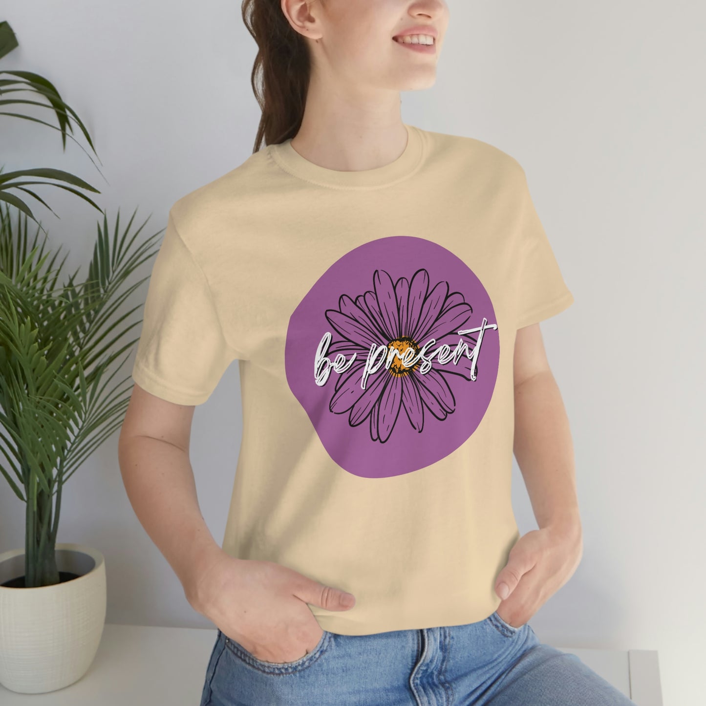 Be Present Purple Daisy Floral Positive Message Happy Thoughts Unisex Jersey Short Sleeve Tee Small-3XL