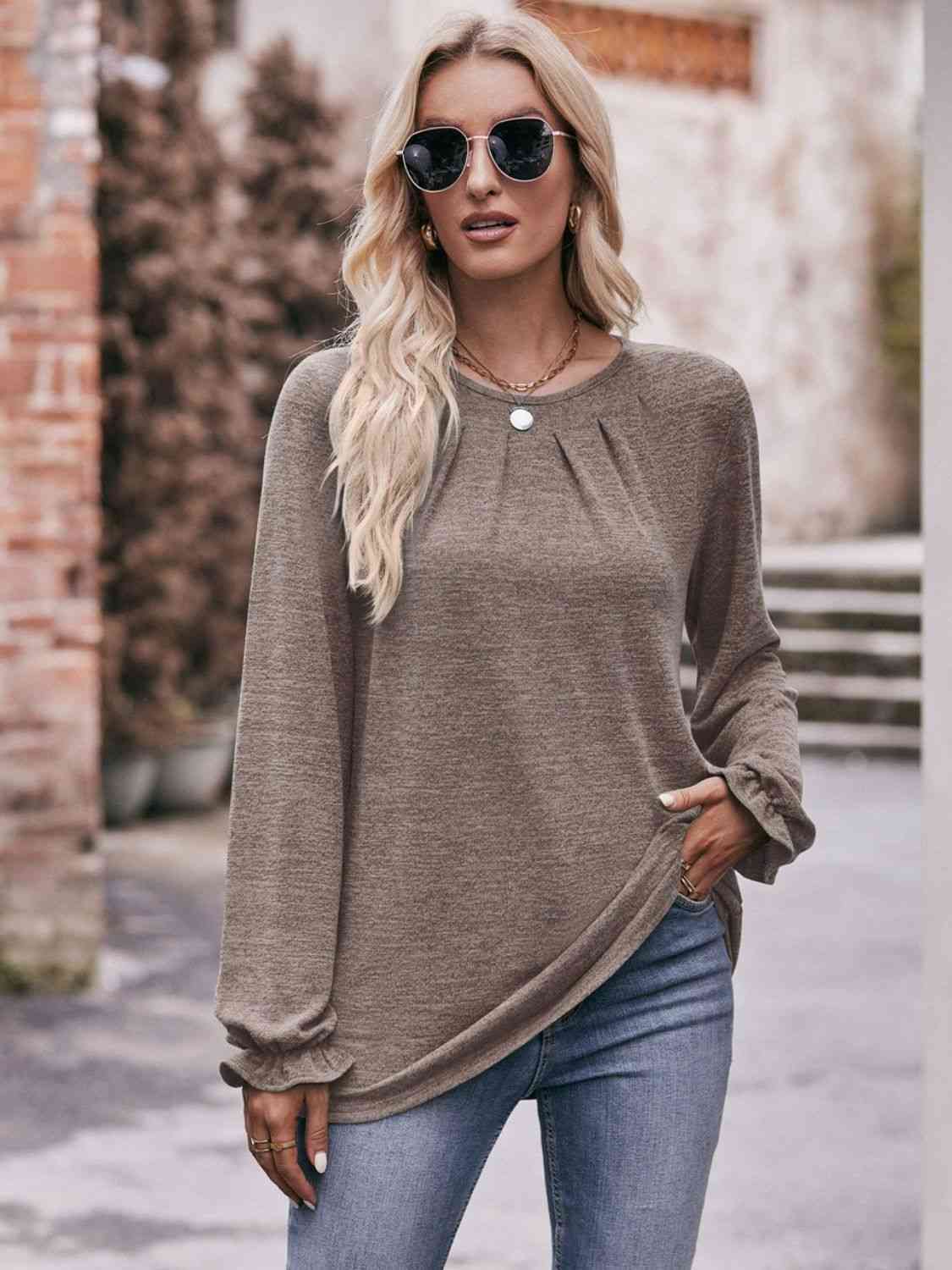 Double Take Long Flounce Sleeve Round Neck Blouse