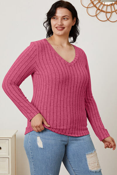 Basic Bae Stretchy Ribbed V-Neck Long Sleeve Casual Top S-3XL