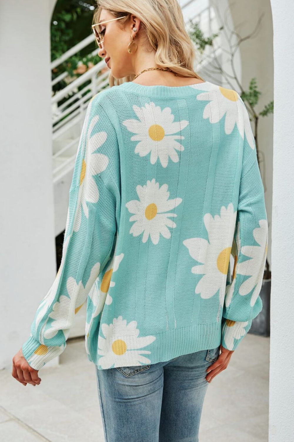 Spring Daisy Print Openwork Round Neck Sweater S-XL