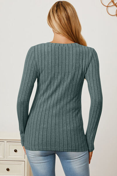 Basic Bae Stretchy Ribbed V-Neck Long Sleeve Casual Top S-3XL