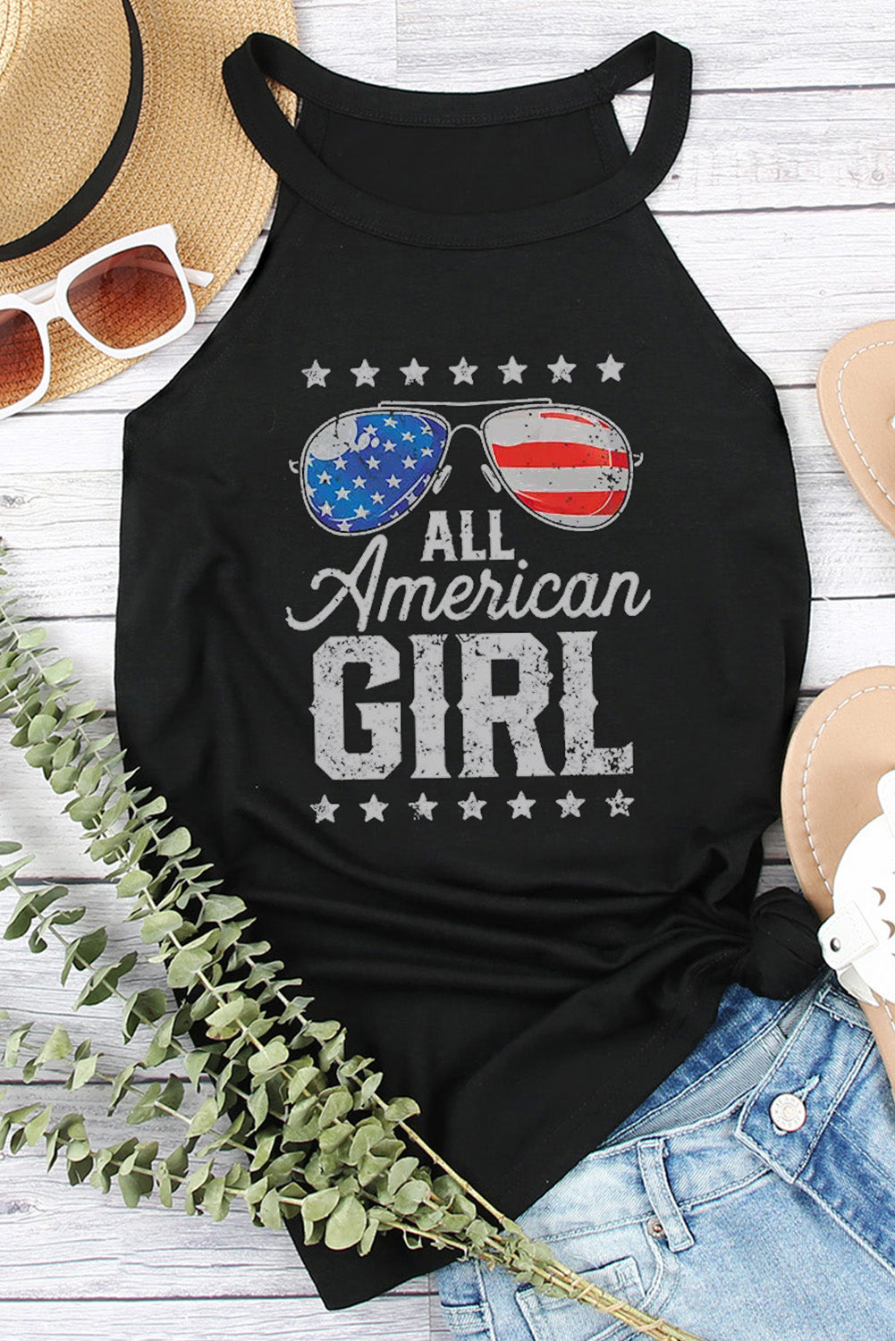 ALL AMERICAN GIRL Graphic Black Halter Tank Small-2XL