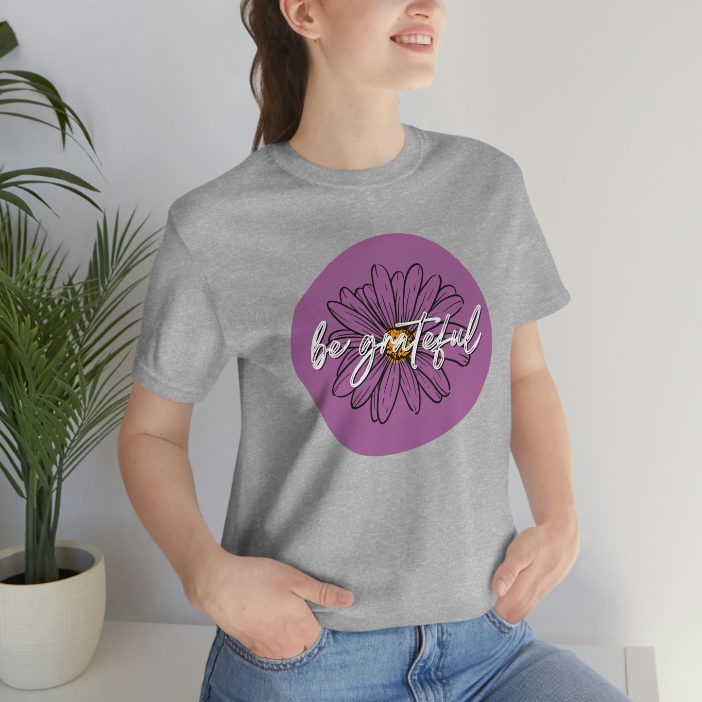 Be Grateful Purple Daisy Floral Positive Message Unisex Jersey Short Sleeve Tee Small-3XL