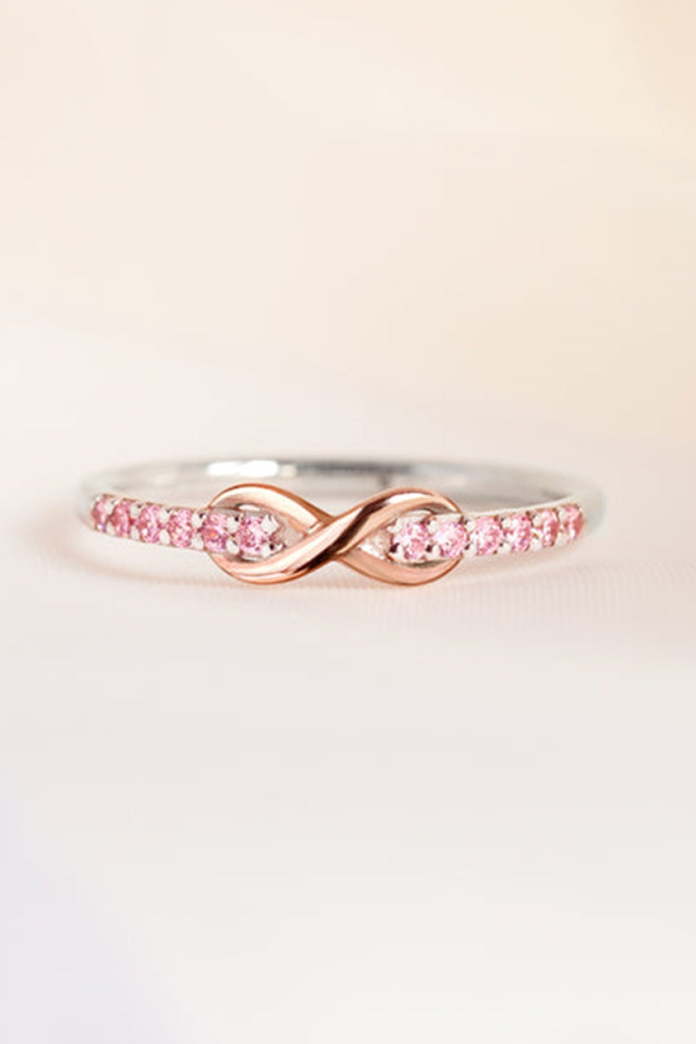 Infinity Pink Zircon Crisscross Two Tone Sterling Silver and Rose Gold Ring