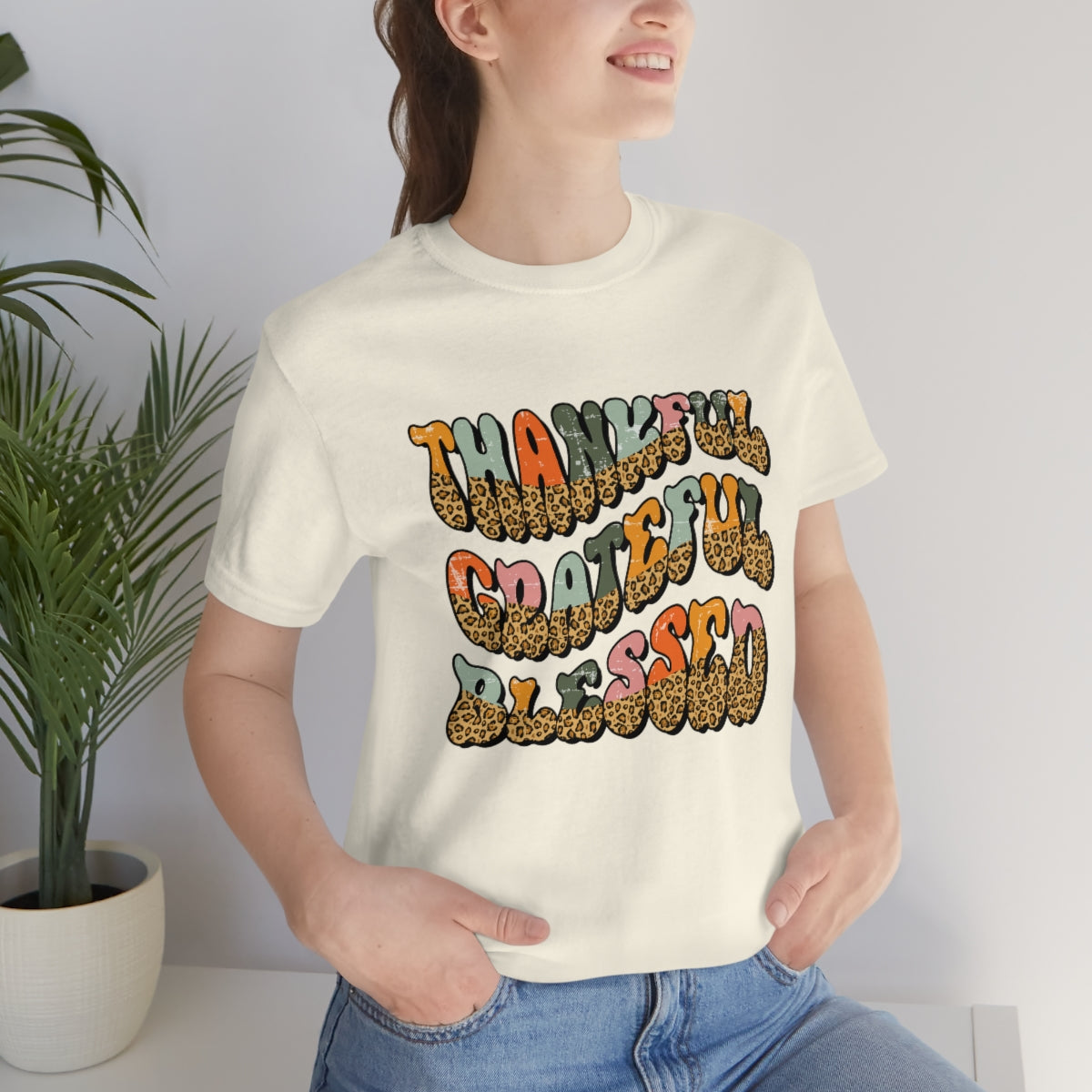Thankful Grateful Blessed Leopard Print Unisex Jersey Short Sleeve Tee S-4XL