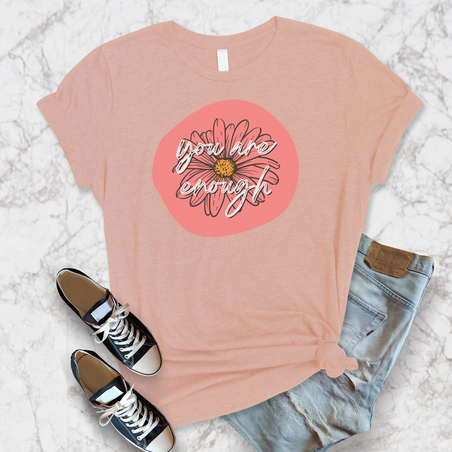 You Are Enough Coral Daisy Floral Positive Message Unisex Jersey Short Sleeve Tee Small-3XL
