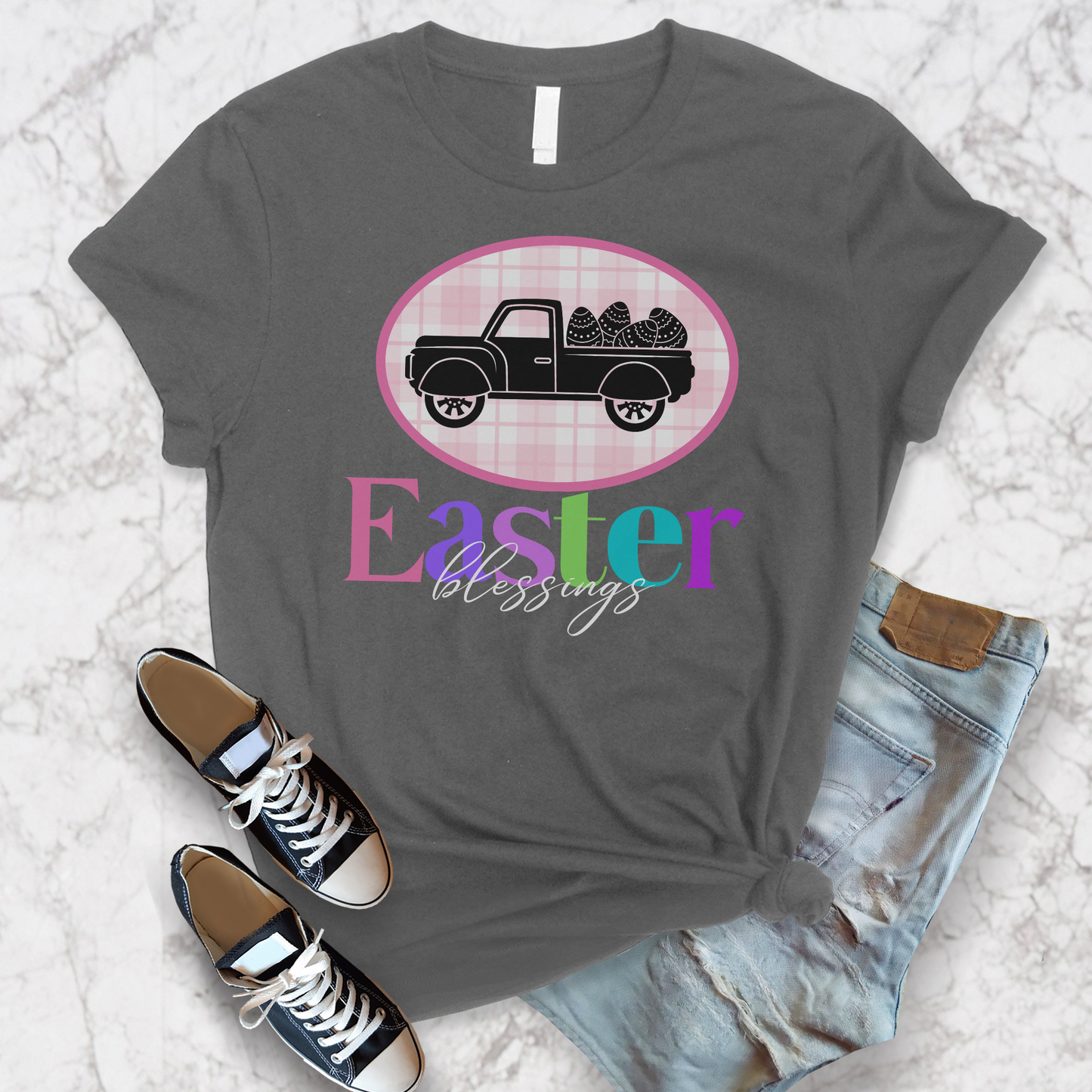 Easter Blessings Pickup Truck with Decorated Eggs Gingham Unisex Jersey Short Sleeve Tee Small-3XL