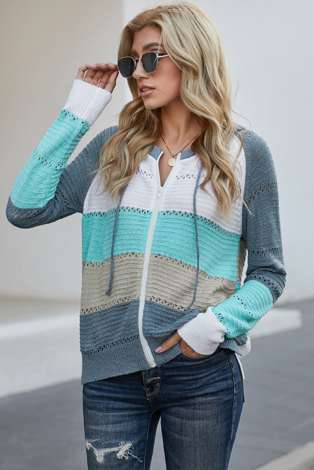 Zip-Up Raglan Sleeve Openwork Hooded Cardigan S-2XL