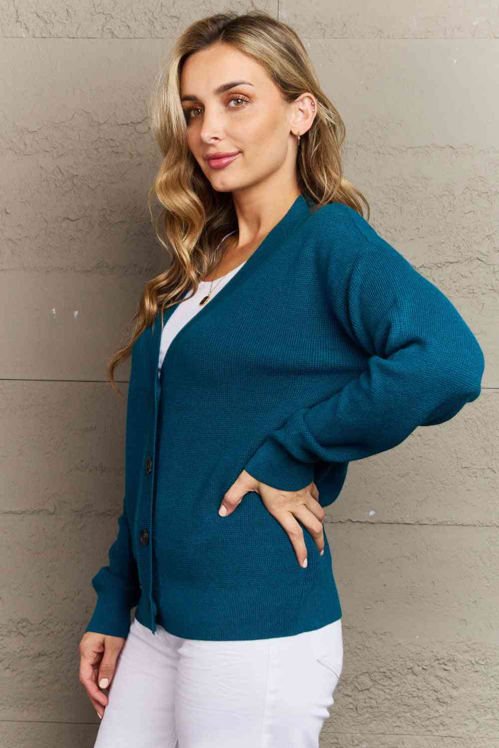 Zenana Kiss Me Tonight Full Size Button Down Cardigan in Teal