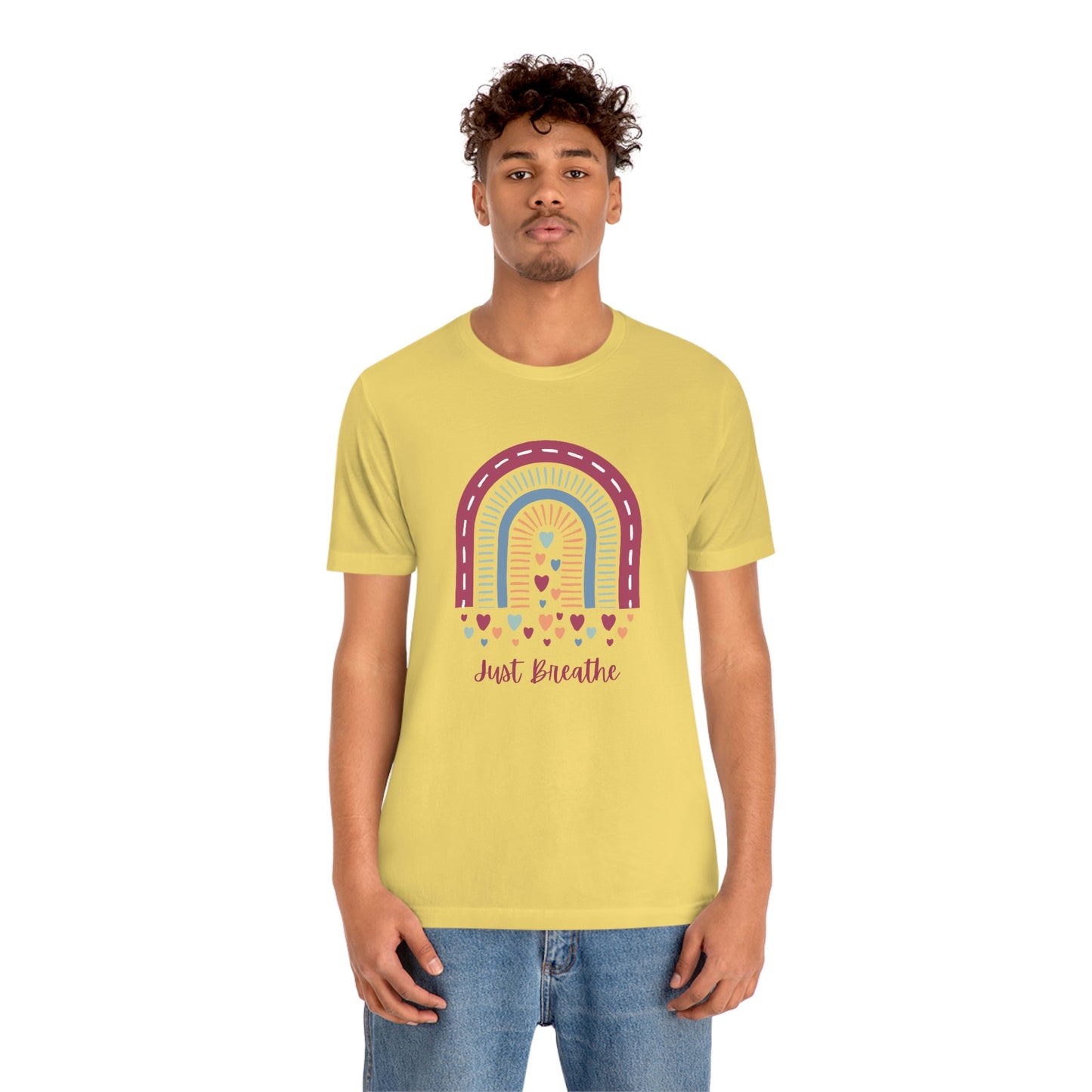 Just Breathe Rainbow Hearts Unisex Jersey Tee S-3XL