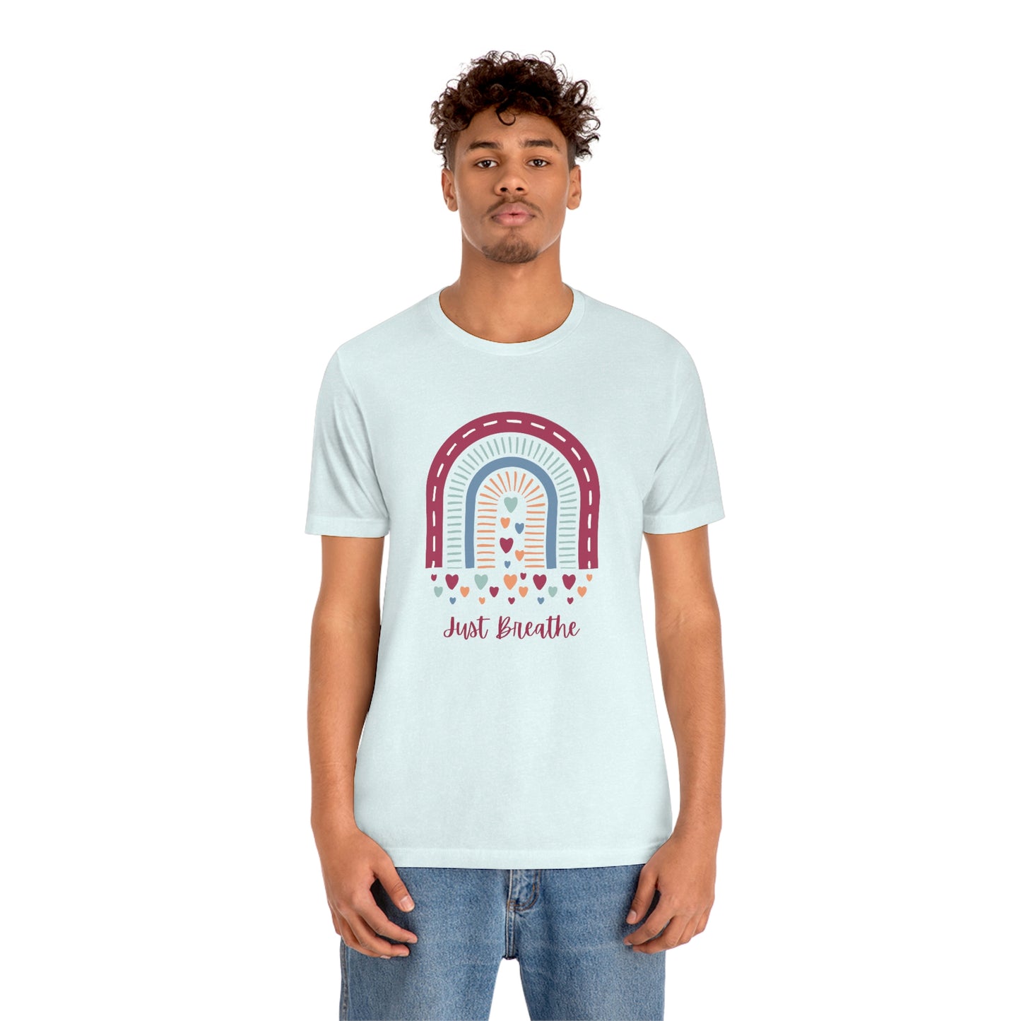 Just Breathe Rainbow Hearts Unisex Jersey Tee S-3XL