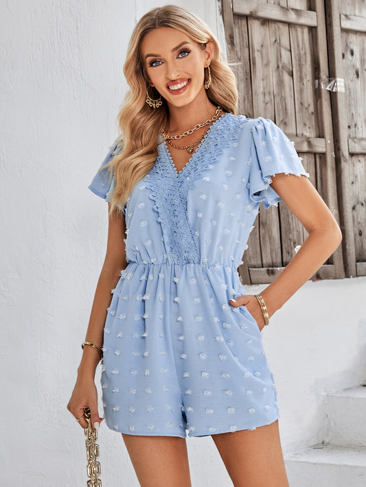 Swiss Dot Lace Trim Flutter Sleeve Romper with Pockets Small-XL