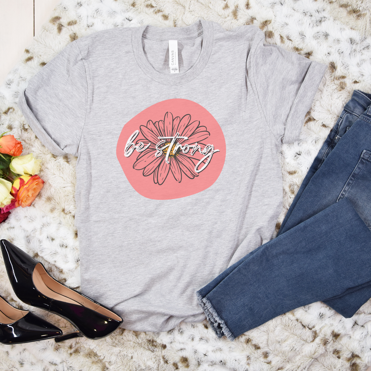 Be Strong Coral Daisy Floral Positive Message Happy Thoughts Unisex Jersey Short Sleeve Tee Small-3XL