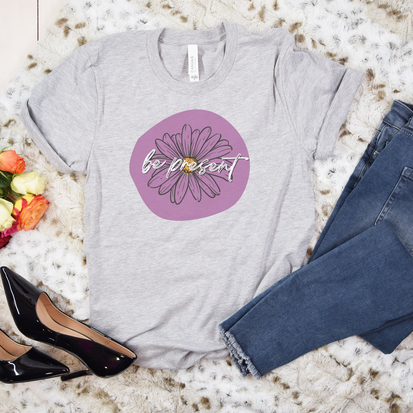 Be Present Purple Daisy Floral Positive Message Happy Thoughts Unisex Jersey Short Sleeve Tee Small-3XL