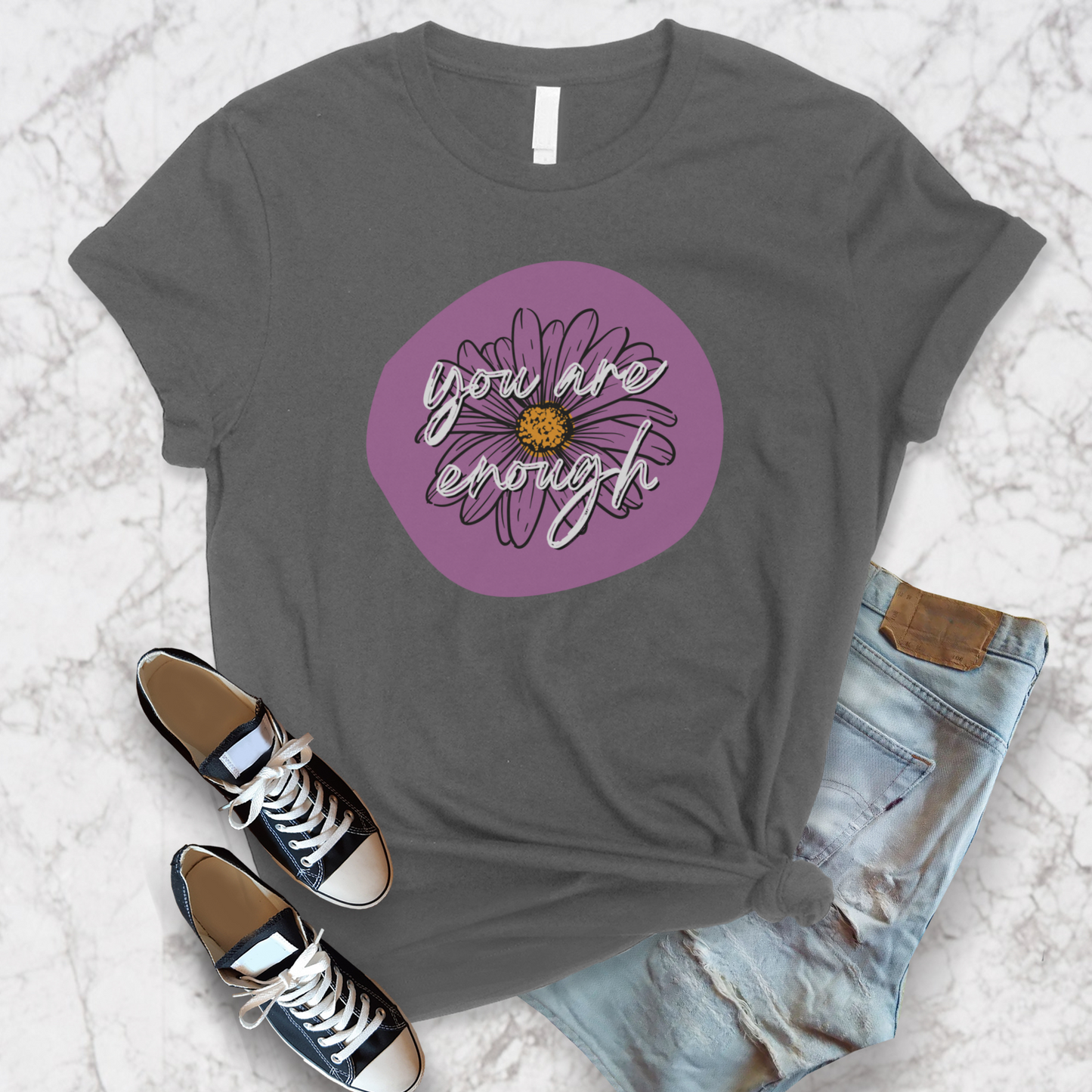 You Are Enough Purple Daisy Floral Positive Message Unisex Jersey Short Sleeve Tee Small-3XL