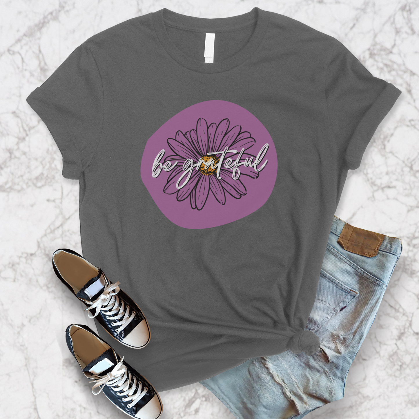 Be Grateful Purple Daisy Floral Positive Message Unisex Jersey Short Sleeve Tee Small-3XL