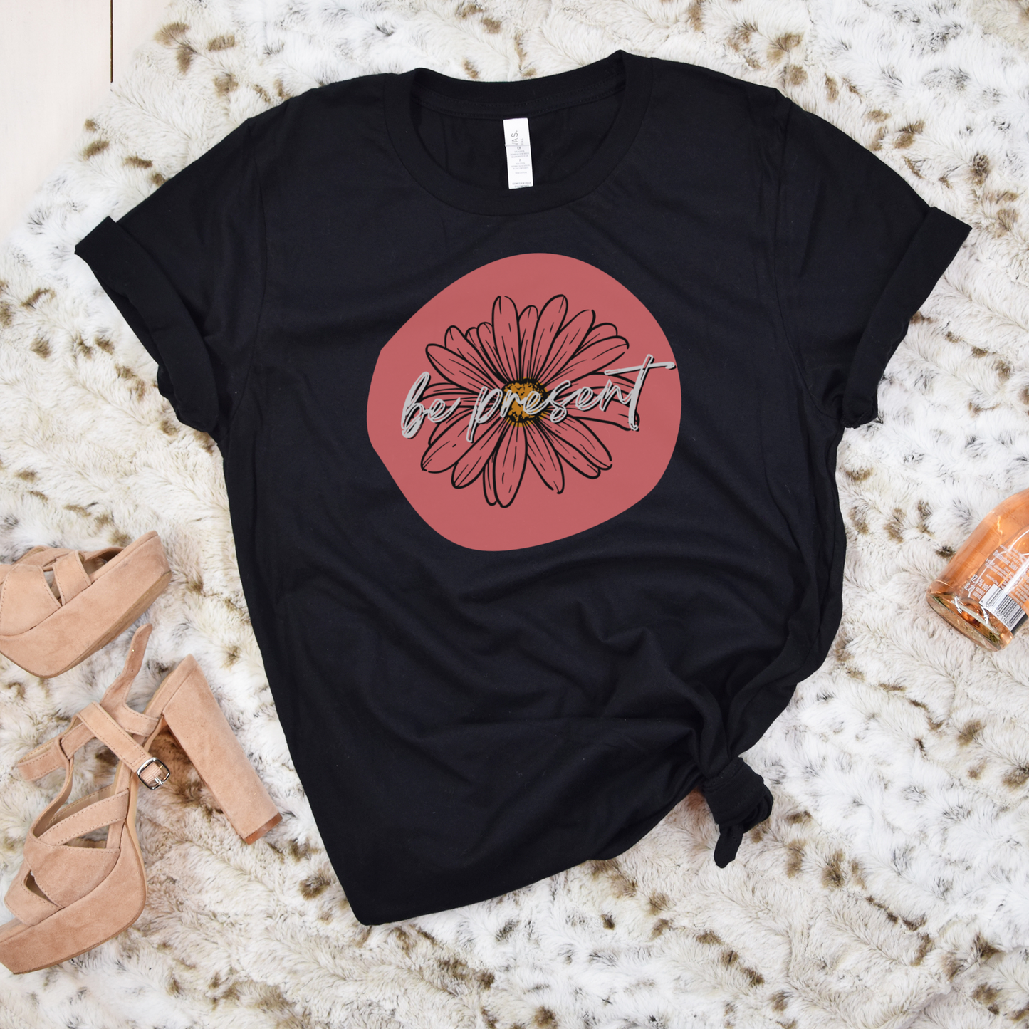 Be Present Coral Daisy Floral Positive Message Happy Thoughts Unisex Jersey Short Sleeve Tee Small-3XL