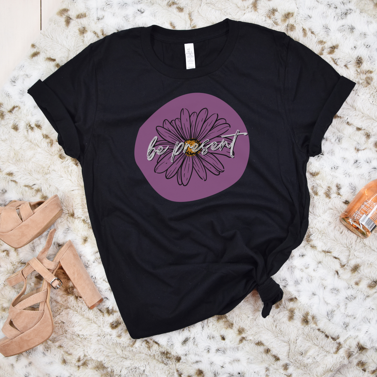 Be Present Purple Daisy Floral Positive Message Happy Thoughts Unisex Jersey Short Sleeve Tee Small-3XL