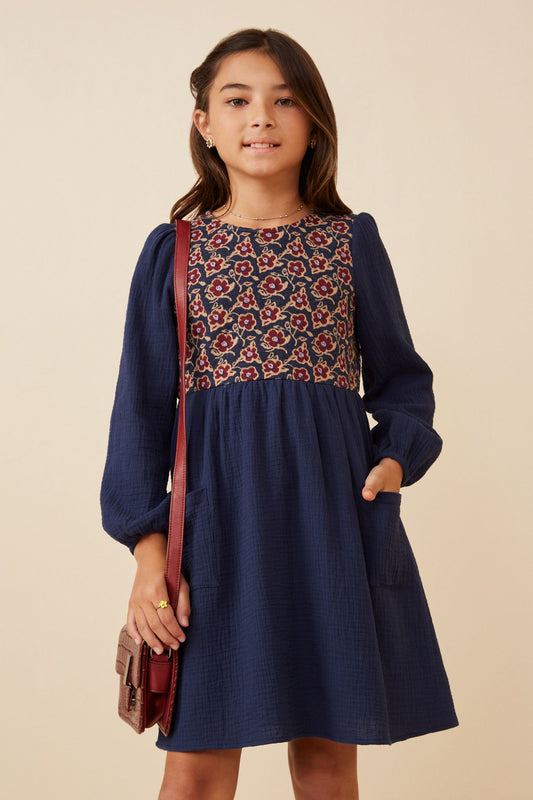 Lola Navy Blue Floral Mixed Media Puff Sleeve Dress Girls S-XL