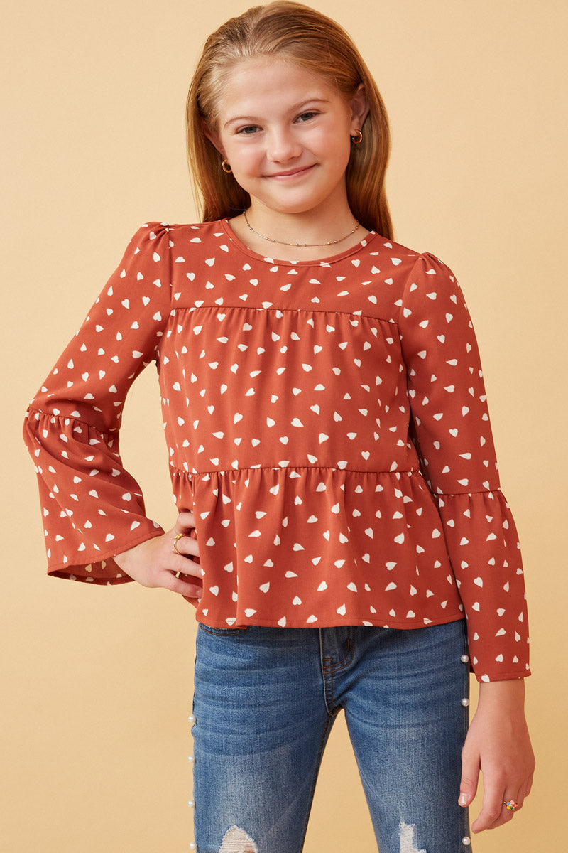 Sydney Rose Tiered Puff Shoulder Top with Hearts and Bell Sleeves S-XL