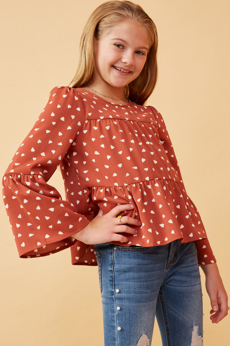 Sydney Rose Tiered Puff Shoulder Top with Hearts and Bell Sleeves S-XL