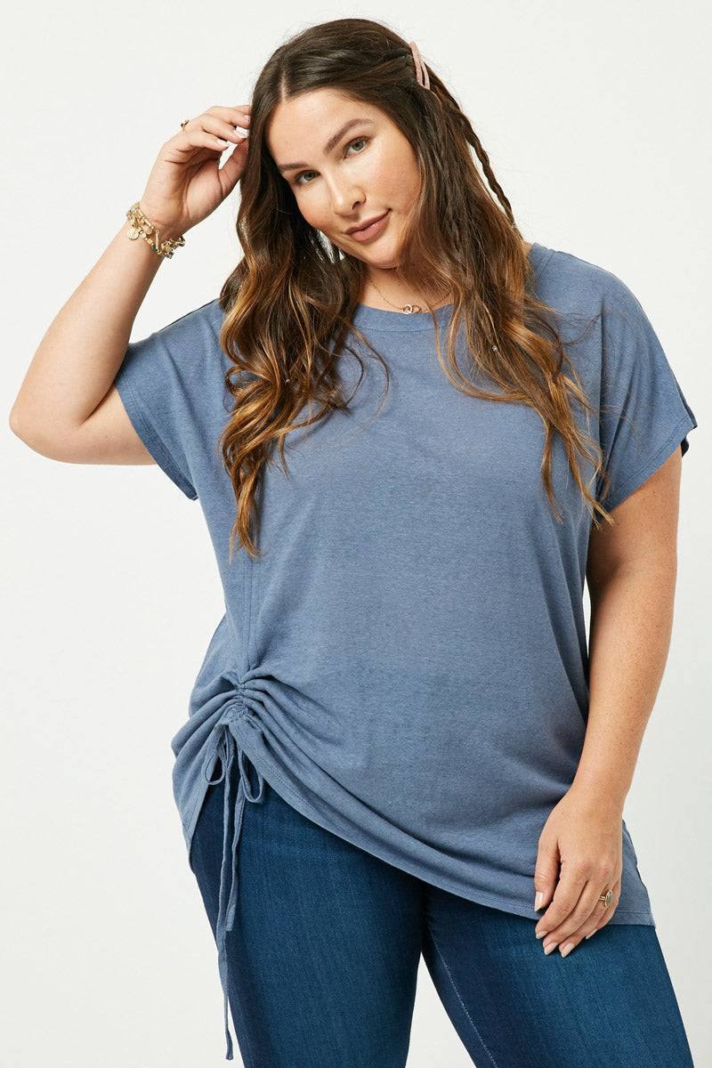 STEPHANIE Blue Side Drawstring Dolman Short Sleeve Top 1XL-3XL