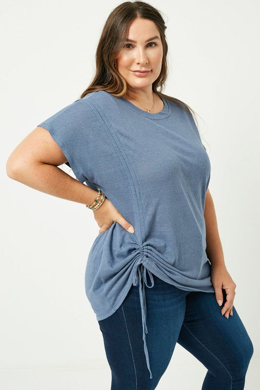 STEPHANIE Blue Side Drawstring Dolman Short Sleeve Top 1XL-3XL